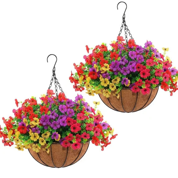 2Pcs Artificial Hanging Flowers for Outdoors, Artificial Flowers for Outdoors with Basket, Artificia