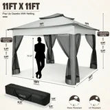 11x11 Outdoor Waterproof Gazebo, Pop up Canopy Gazebo with Mosquito Netting & UV Protection f